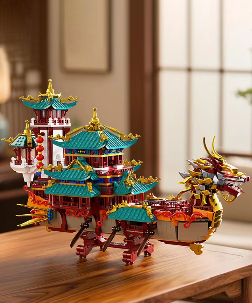 Friene KAVOWORLD 2453PCS Chinese Dragon Boat Building Bricks Model Traditional Architecture STEM Toy Ideal Gift for Office Home Decor