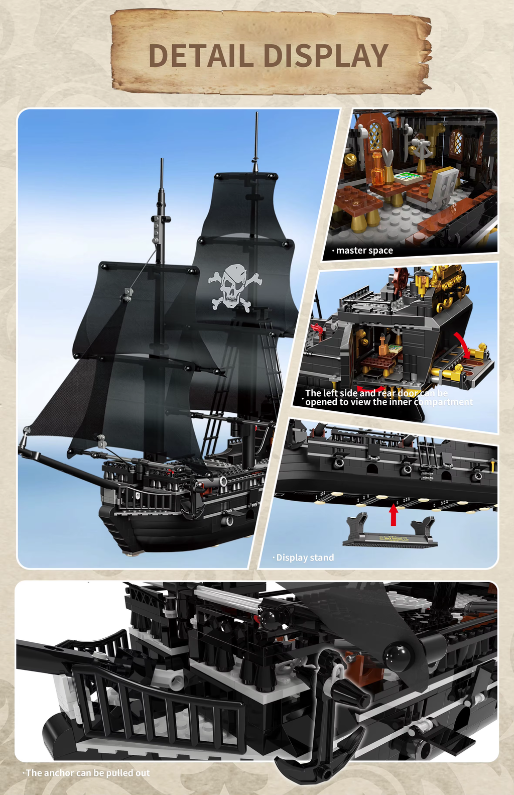 Technical 1424PCS Black Pirate Ship Building Blocks Skeleton Ghost Boat Model Assembly Bricks Toys Desktop Decoration Adult Holiday Gifts
