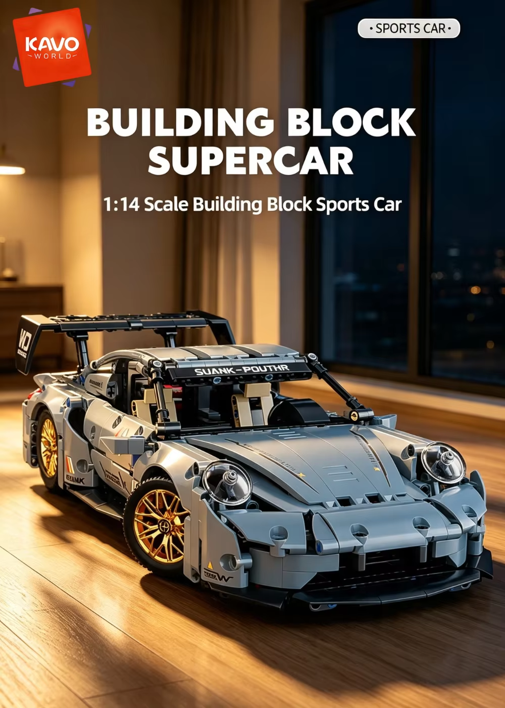 Friene KAVOWORLD 973pcs Cool Toys Building Block 114 Creative Misty Blue Lowrider Sports Car Race Car Building Kit Supercar Construction Model Bricks Set Assembly Toy Vehicle Speed Car Movable Doors Desktop Ornament Room Decoration