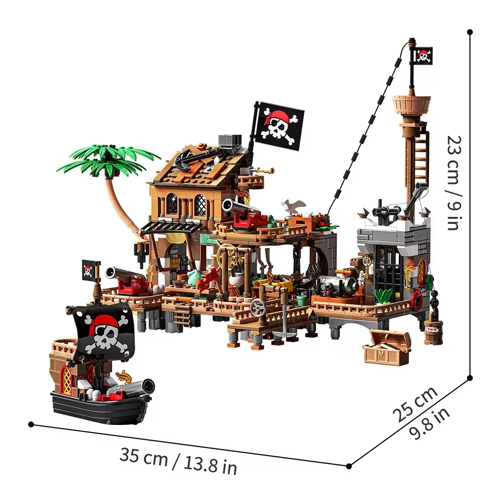 Technical Pirate Ship Building Block Toys, Pirate Wharf Themed City Store Building Bricks Sets 868 Pieces